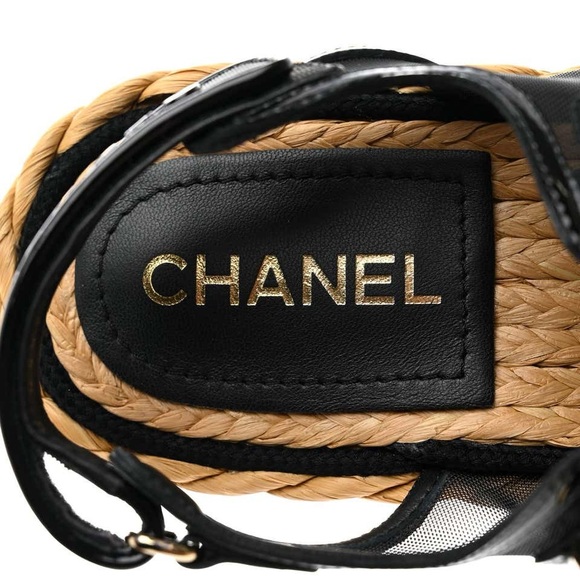LOGO CHANEL Dad Sandals 22P Black Raffia Mesh Leather Shoes CC Logo Flats Size39 - Picture 7 of 16
